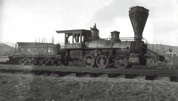 Historical photo: The Lyon locomotive – the first one ordered and used by the Virginia & Truckee Railroad in in 1869 – si