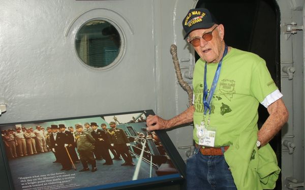 Navy veteran Robert LeGoy of Reno visits the deck of the USS Missouri where the official surrender was signed between Japan a