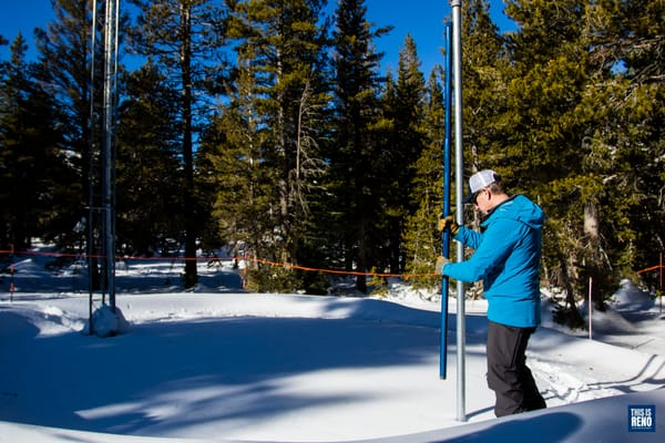 NCRS's Jeff Anderson checks the Sierra snowpack in January 2020.