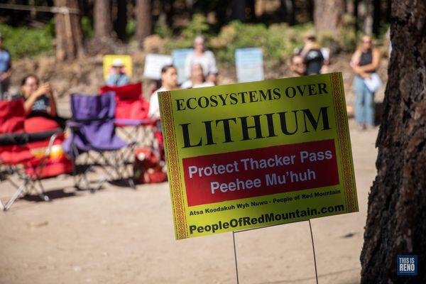 About 40 people led by the People of Red Mountain gathered in a forest clearing west of Reno for a “Protect Peehee Mu’huh